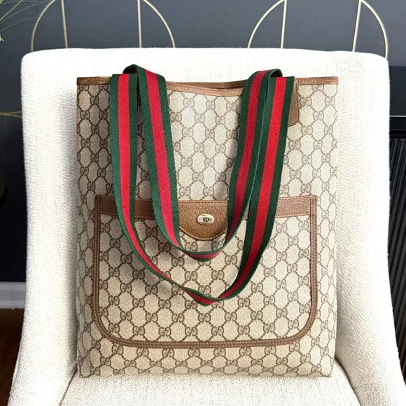 Gucci authentic brown monogram coated canvas tote bag ribbon handles - Picture 2 of 16